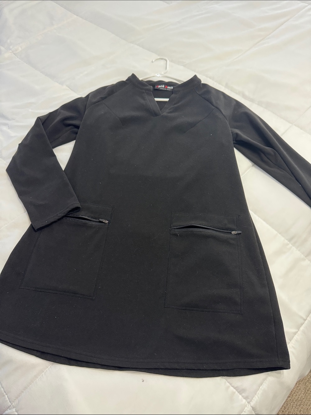 Black Long-Sleeve Tunic Dress with Front Zip Pockets